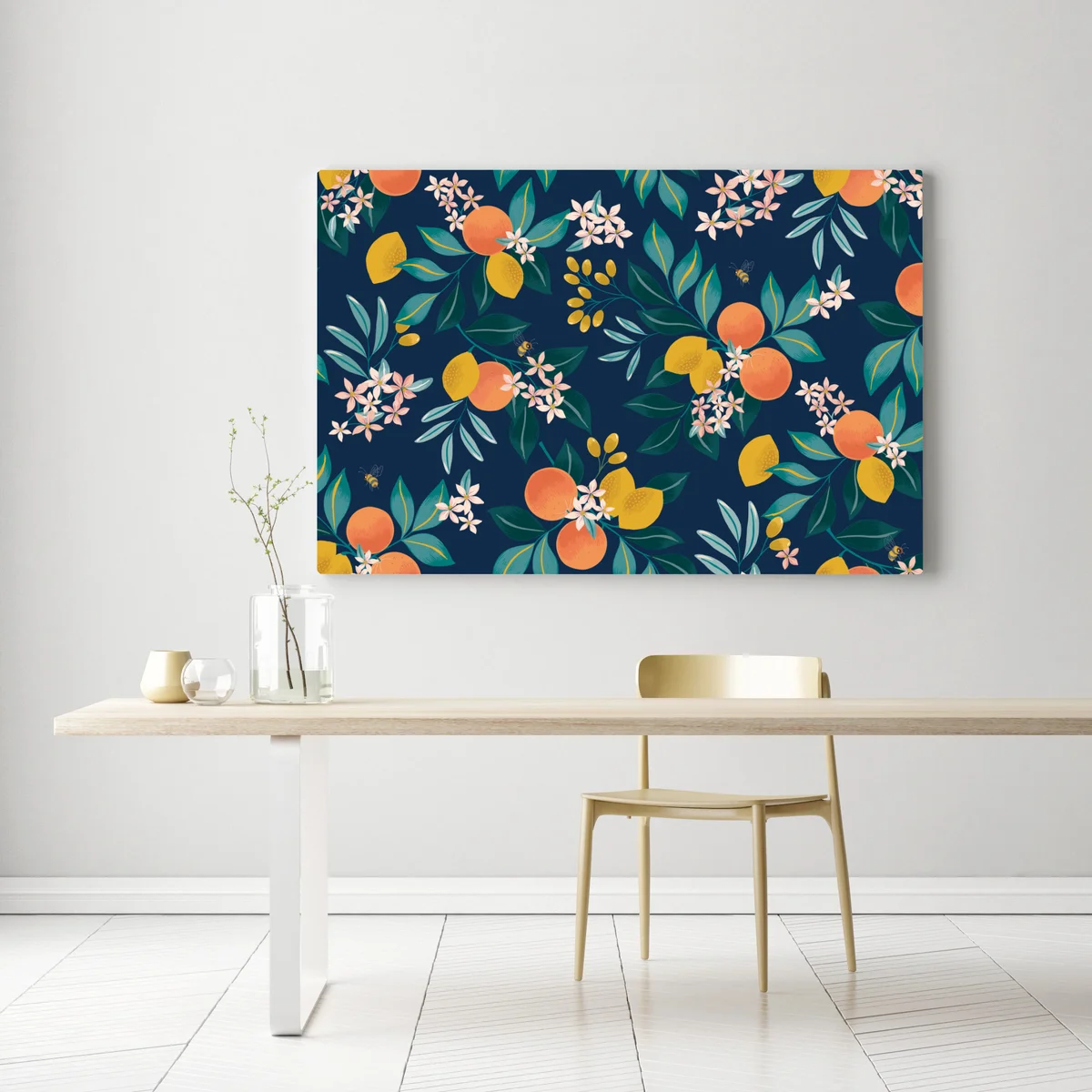 Leinwandbild botanisches zitronen- und orangenmuster auf marineblauem hintergrund Leinwandbild botanisches zitronen- und orangenmuster auf marineblauem hintergrund