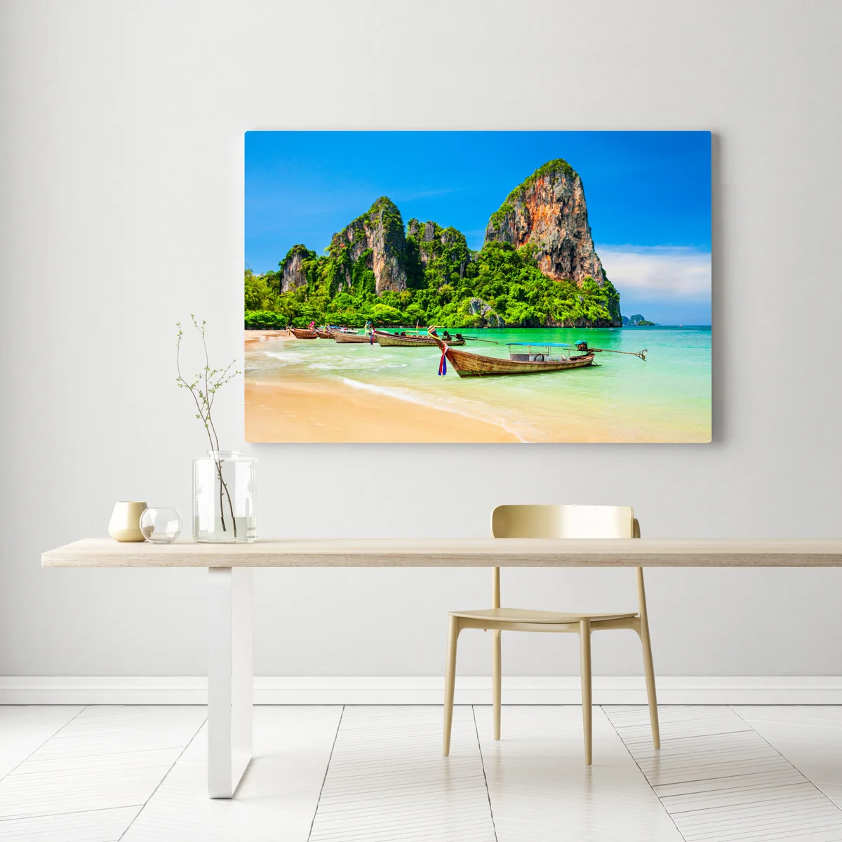 Leinwandbild longtail-boote an einem tropischen strand, Thailand Leinwandbild longtail-boote an einem tropischen strand, Thailand