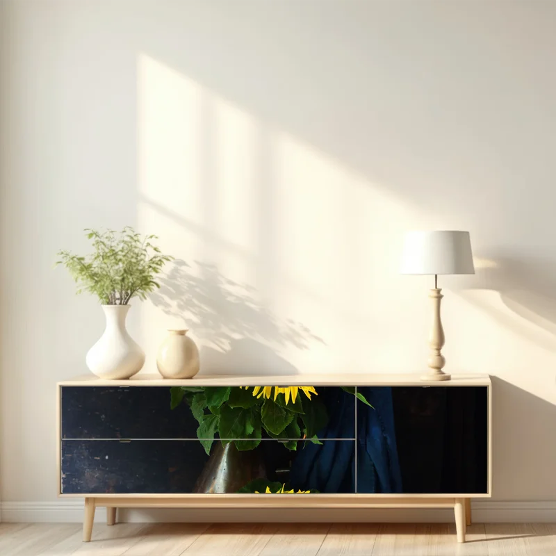 Repositionierbarer Aufkleber leuchtender sonnenblumenstrauß auf vintage-hocker