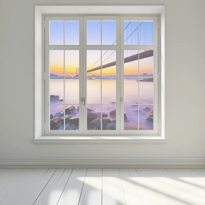 Fensteraufkleber goldener sonnenuntergang über hängebrücke