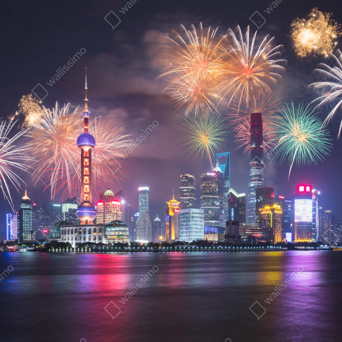Leinwandbild Shanghai skyline mit feuerwerk über dem Huangpu Leinwandbild Shanghai skyline mit feuerwerk über dem Huangpu