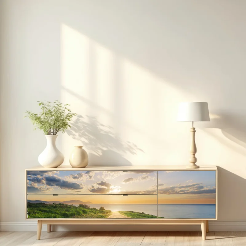 Repositionierbarer Aufkleber weg zum meer bei sonnenaufgang