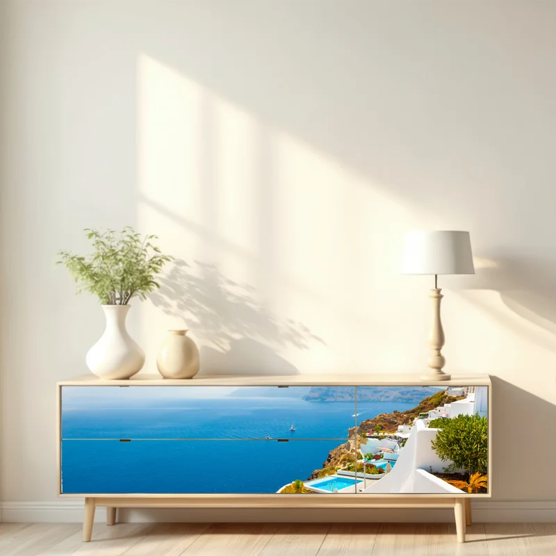 Repositionierbarer Aufkleber Santorini küstenblick mit weißer architektur