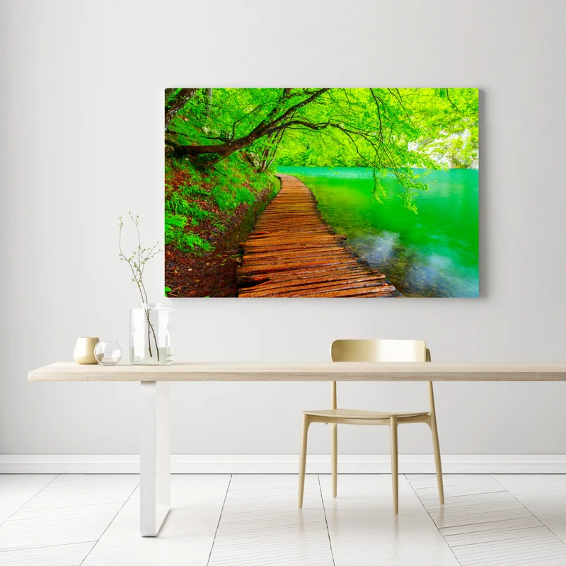 Leinwandbild ruhiger grüner steg am see Leinwandbild ruhiger grüner steg am see