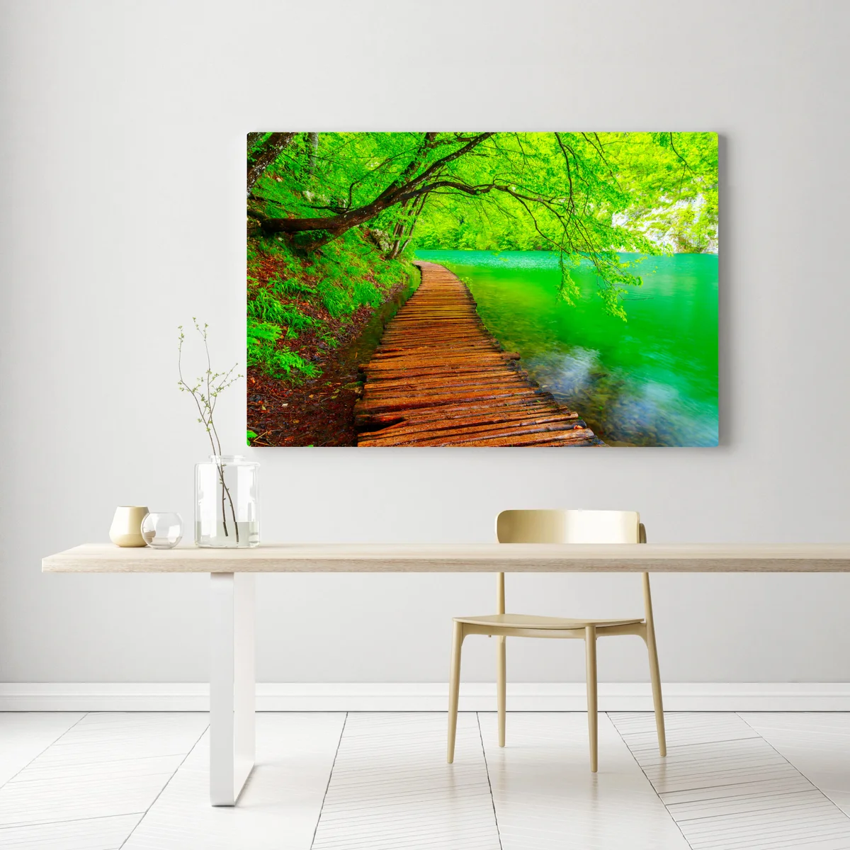 Leinwandbild ruhiger grüner steg am see Leinwandbild ruhiger grüner steg am see