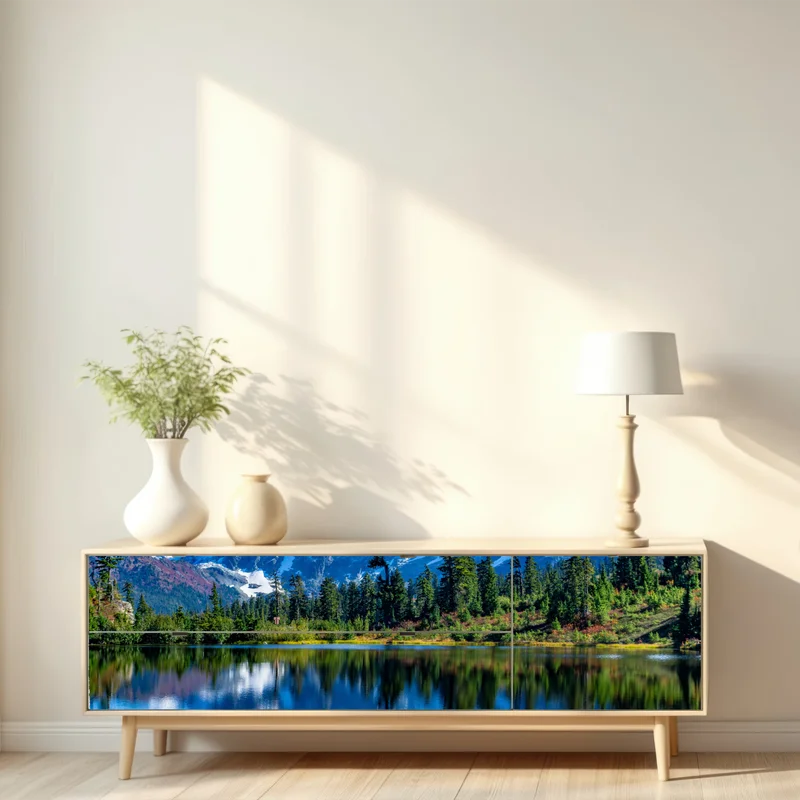 Repositionierbarer Aufkleber majestätische bergspiegelung über dem see