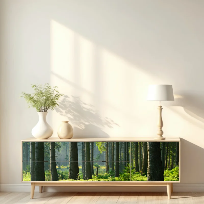 Repositionierbarer Aufkleber sonnige grüne lichtung im wald