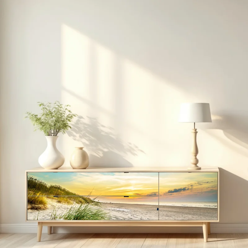 Repositionierbarer Aufkleber sonnenuntergang über ruhigen dünen