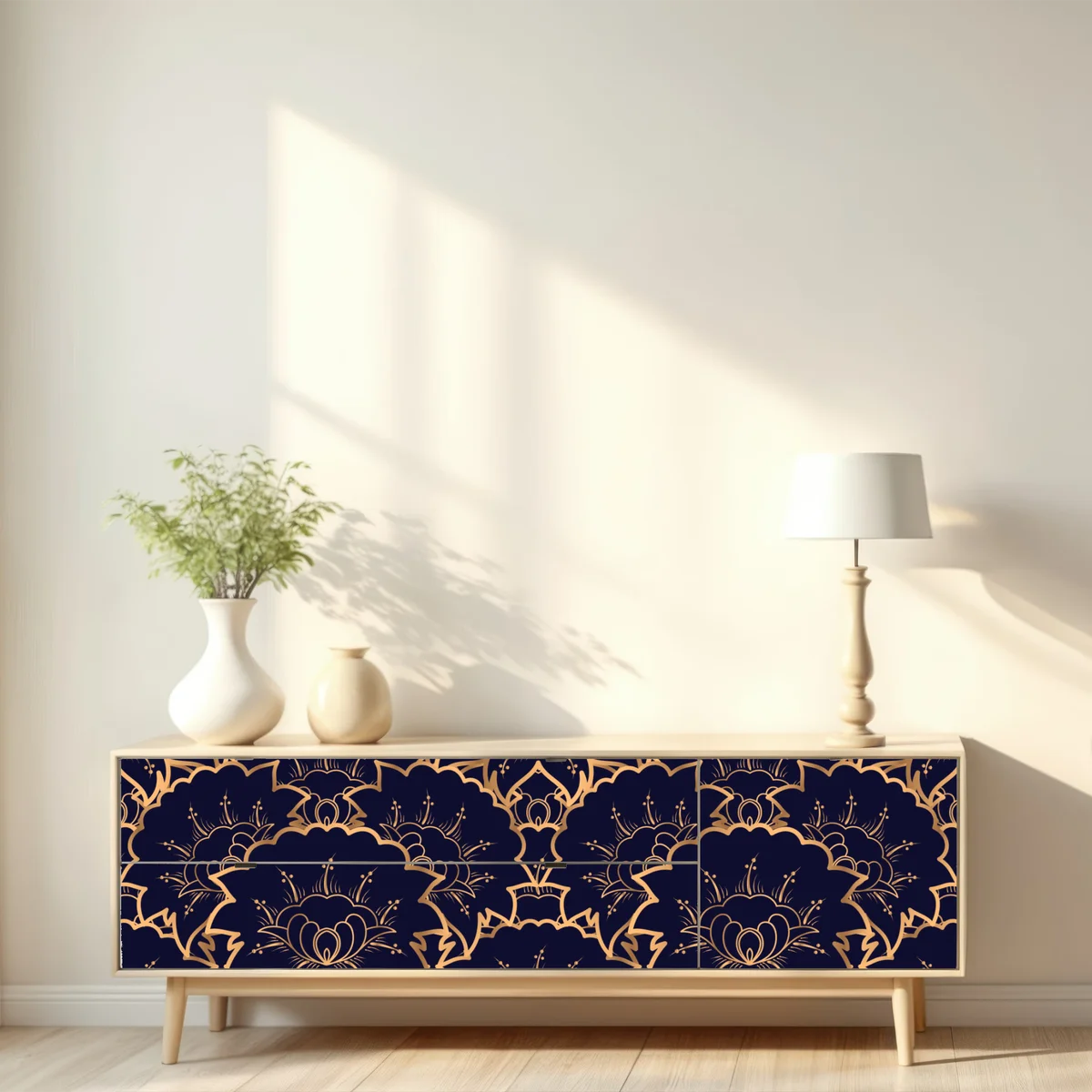 Repositionierbarer Aufkleber luxuriöses goldenes blütenmuster auf marineblau Repositionierbarer Aufkleber luxuriöses goldenes blütenmuster auf marineblau