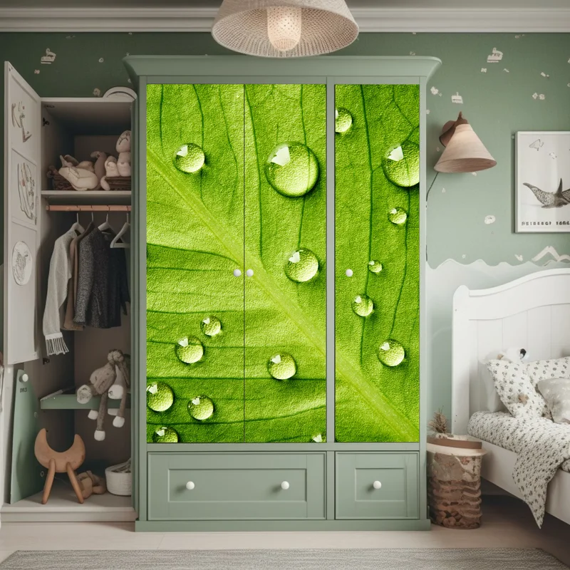 Schrankaufkleber frisches grünes blatt mit wassertropfen