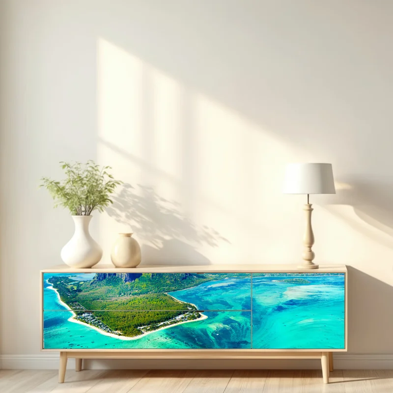 Repositionierbarer Aufkleber türkisfarbene lagune aus der luft, Mauritius