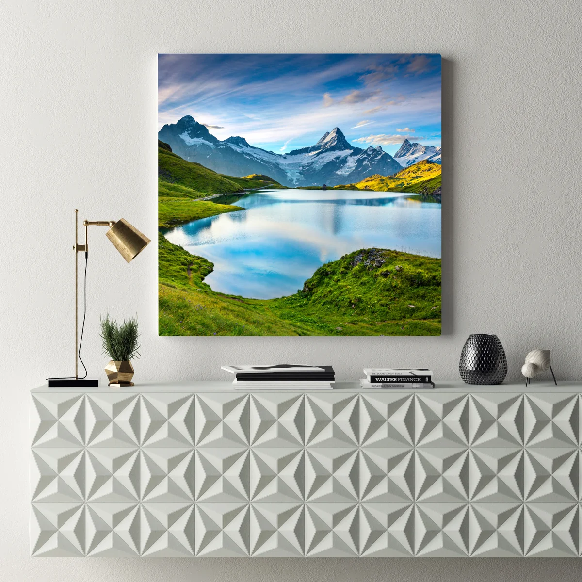 Leinwandbild ruhiger alpensee vor dem Wetterhorn, Schweiz Leinwandbild ruhiger alpensee vor dem Wetterhorn, Schweiz