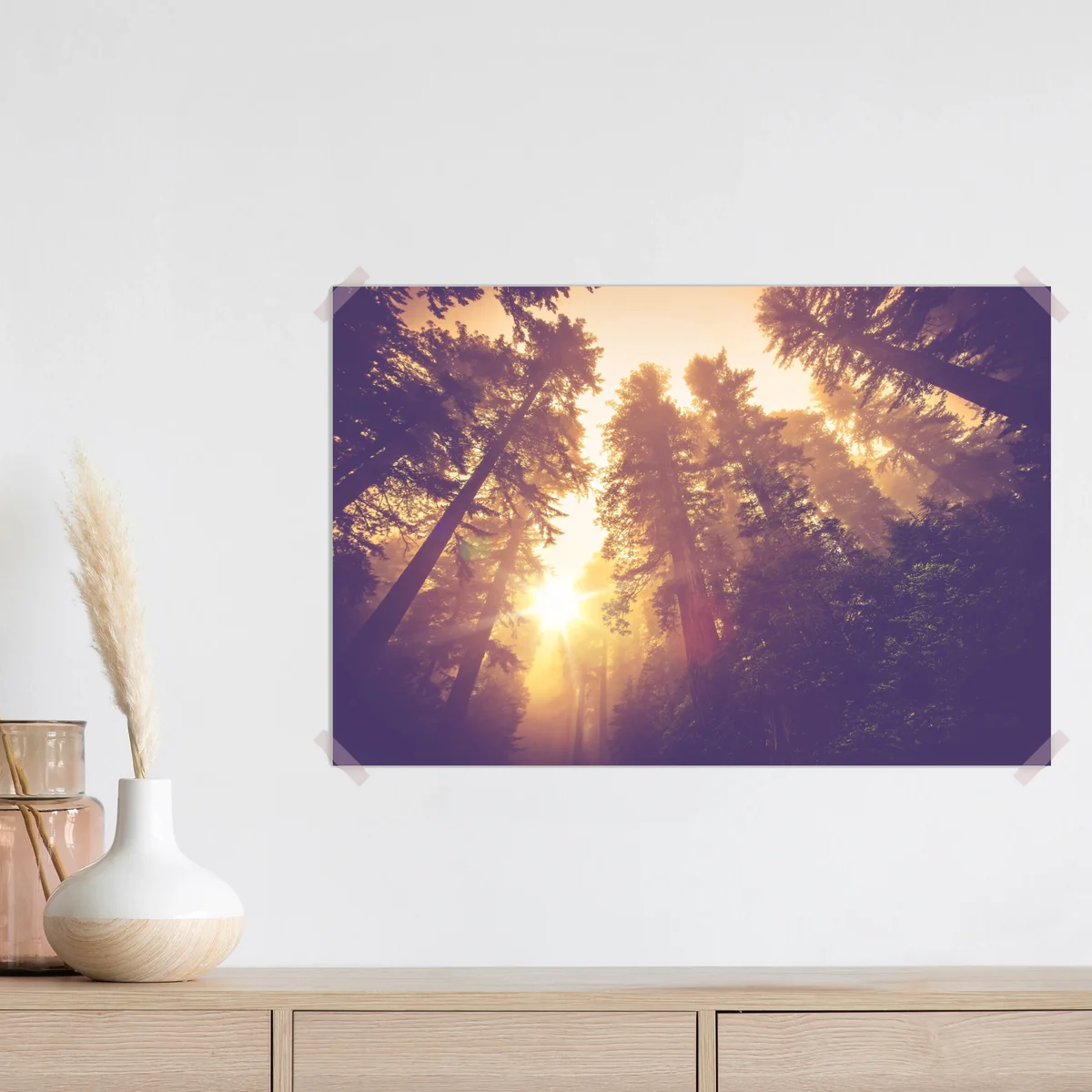 Poster nebeliger mamutbaumwald im goldenen vintagelicht Poster nebeliger mamutbaumwald im goldenen vintagelicht