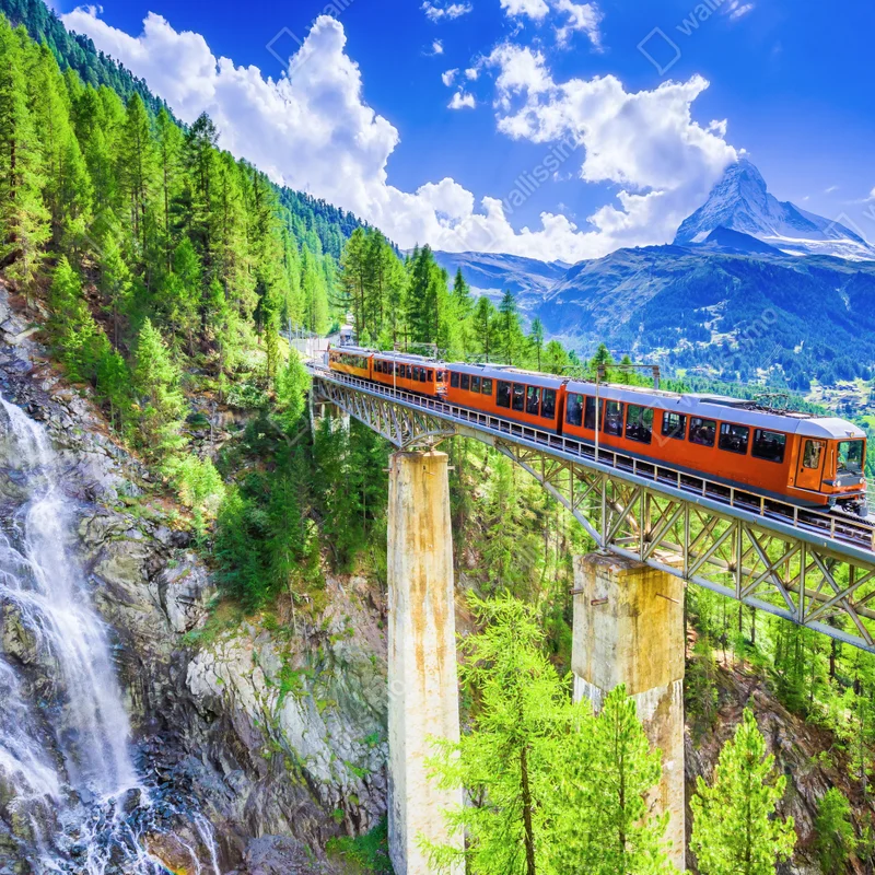 Fototapete Gornergrat zug auf alpenbrücke mit Matterhorn Fototapete Gornergrat zug auf alpenbrücke mit Matterhorn
