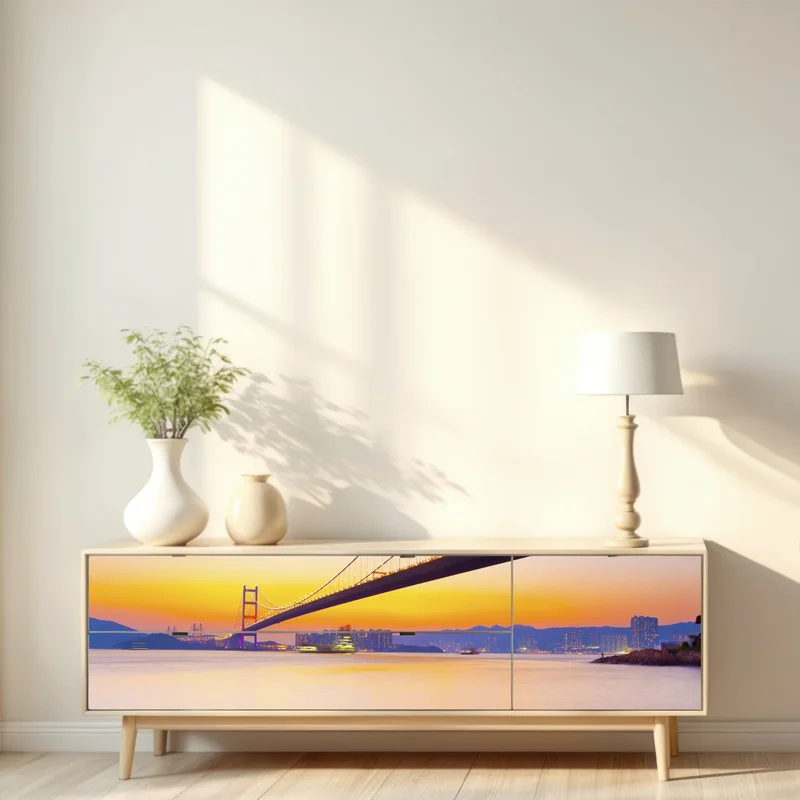 Repositionierbarer Aufkleber goldener sonnenuntergang über hängebrücke