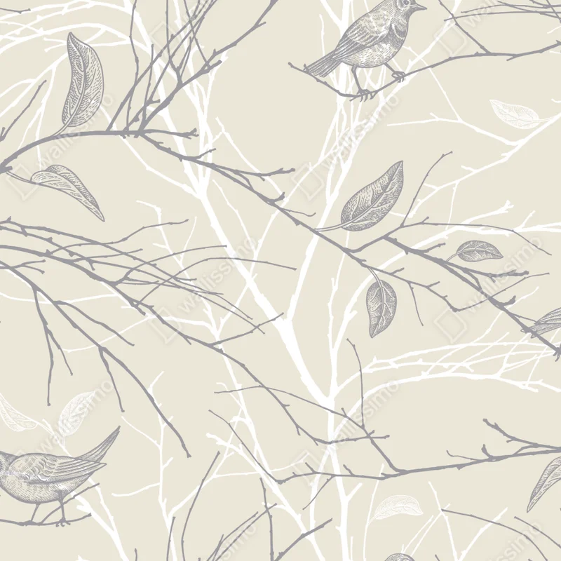 Fototapeta delikatny beżowy wzór z ptakami i gałęziami Fototapeta delikatny beżowy wzór z ptakami i gałęziami