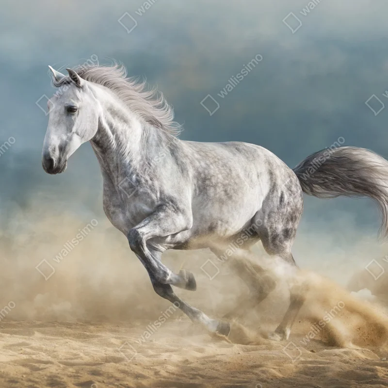Repositionierbarer Aufkleber majestätisches graues pferd galoppiert durch den sand Repositionierbarer Aufkleber majestätisches graues pferd galoppiert durch den sand