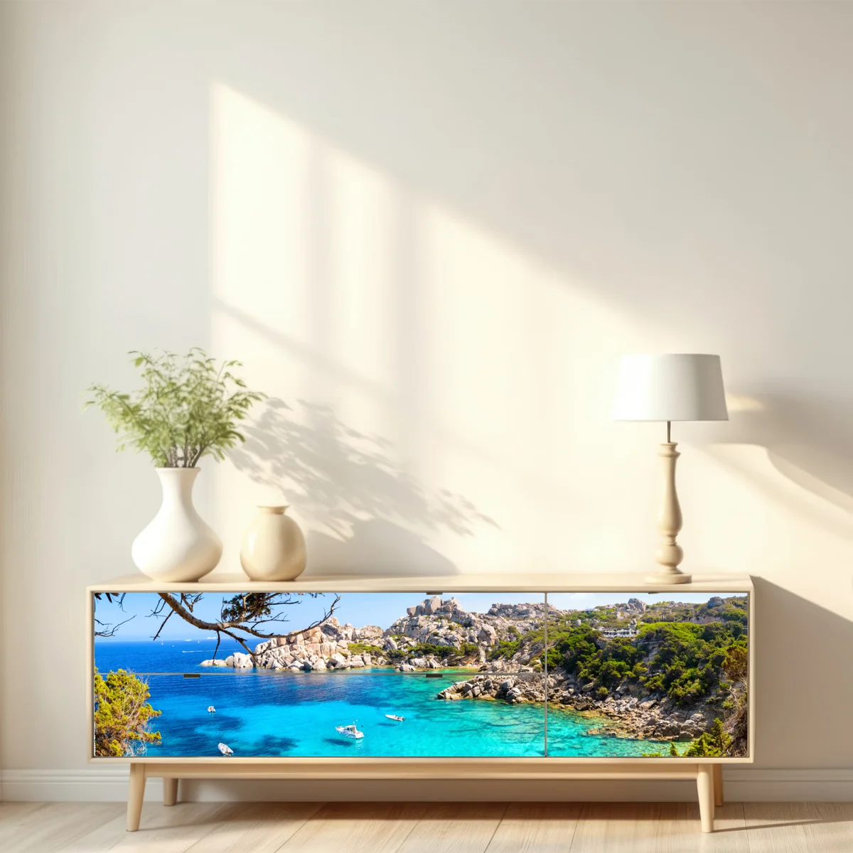 Repositionierbarer Aufkleber türkisfarbene bucht mit felsiger küste Repositionierbarer Aufkleber türkisfarbene bucht mit felsiger küste