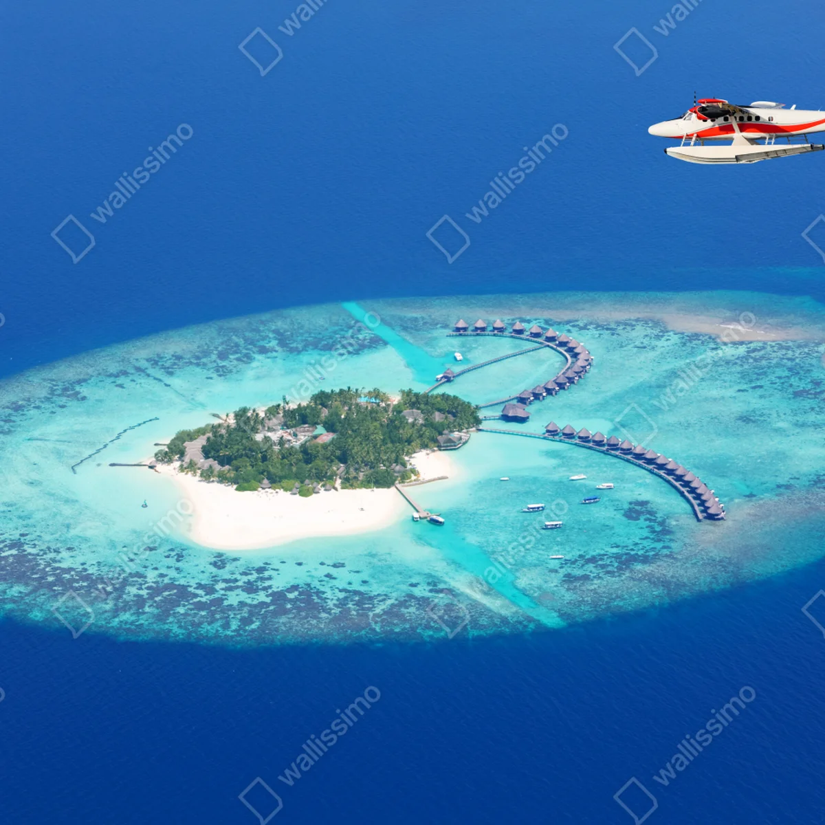 Fototapeta tropikalna wyspa z lotu ptaka i wodnosamolotem Fototapeta tropikalna wyspa z lotu ptaka i wodnosamolotem