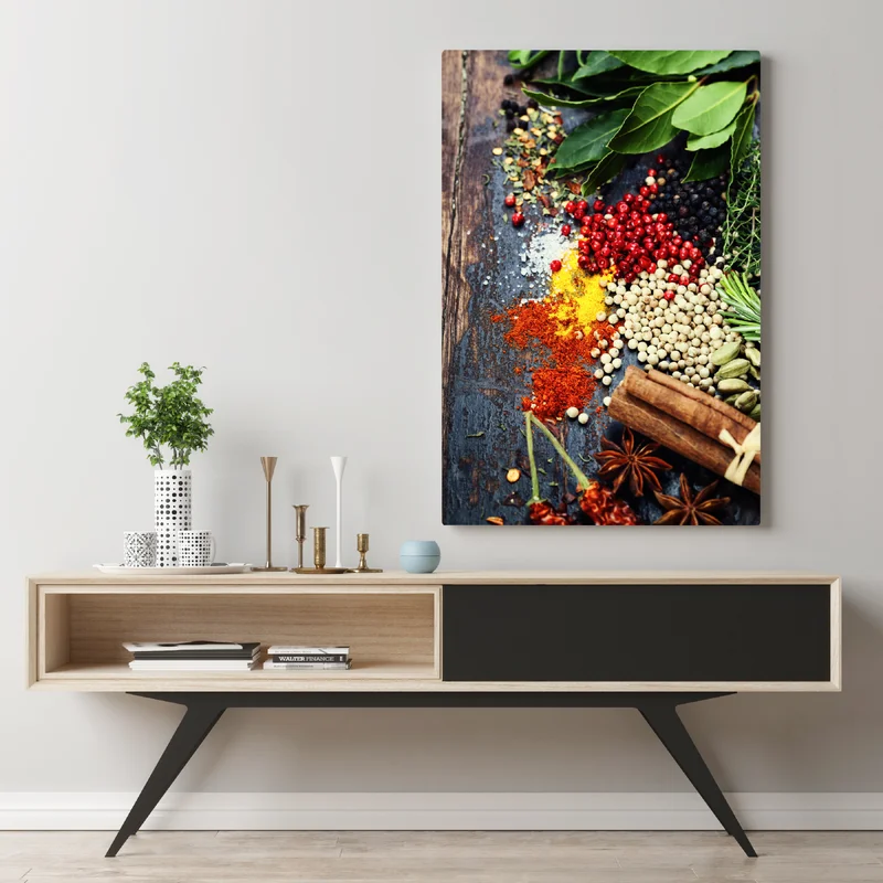 Leinwandbild buntes gewürzsortiment auf rustikalem holz Leinwandbild buntes gewürzsortiment auf rustikalem holz