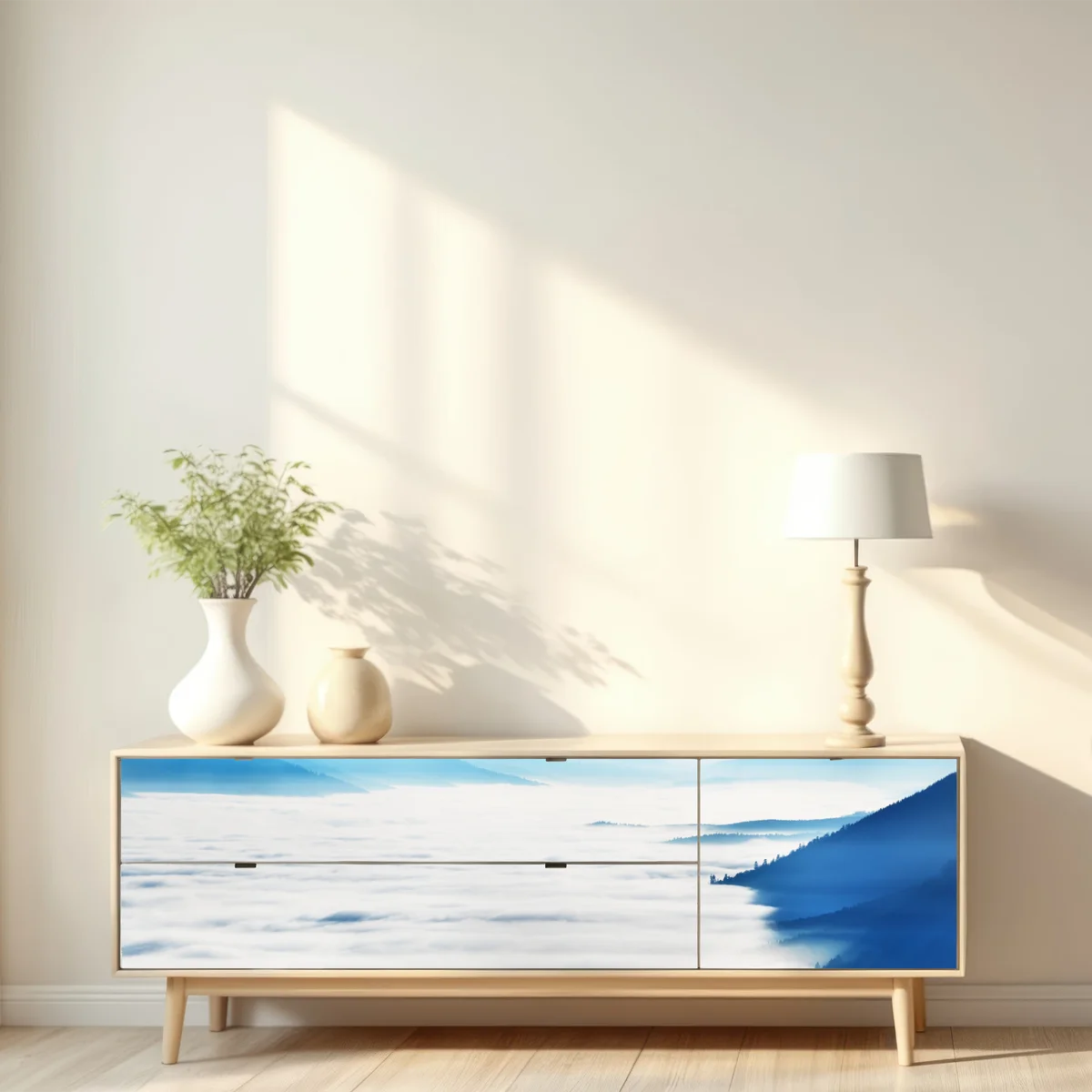 Repositionierbarer Aufkleber neblige bergpanorama über dem tal Repositionierbarer Aufkleber neblige bergpanorama über dem tal