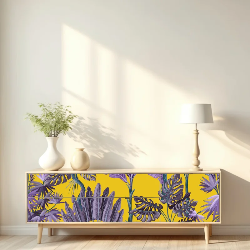 Repositionierbarer Aufkleber tropische lila blätter auf gelbem hintergrund