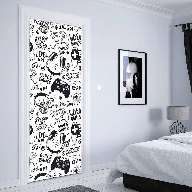 Türaufkleber doodle-muster mit videospiel-controllern Türaufkleber doodle-muster mit videospiel-controllern