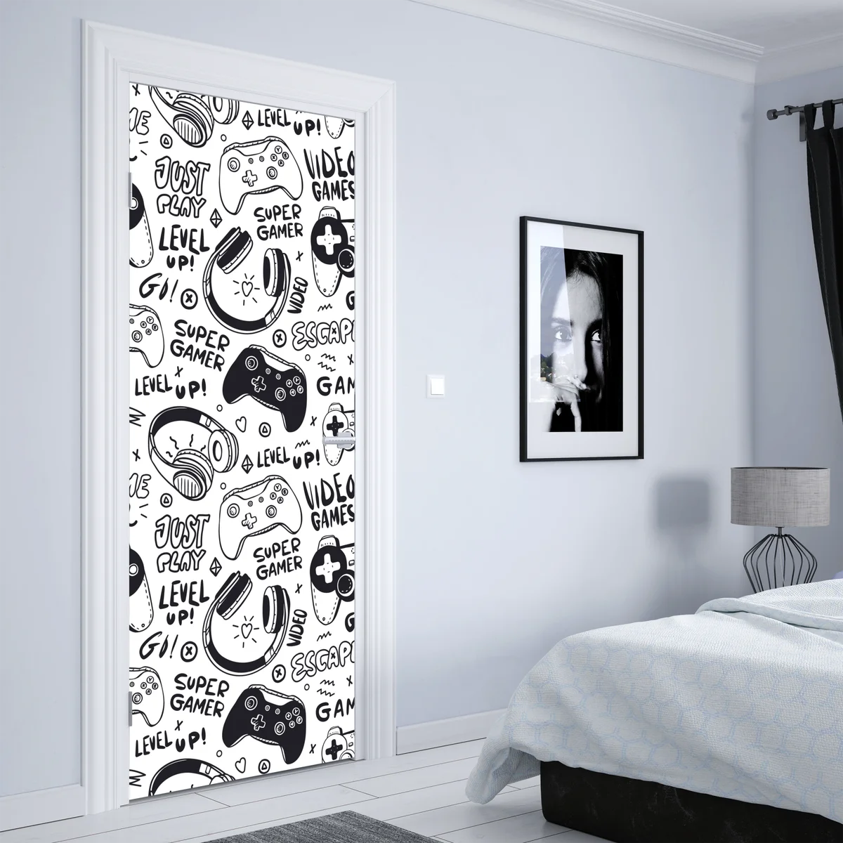 Türaufkleber doodle-muster mit videospiel-controllern Türaufkleber doodle-muster mit videospiel-controllern