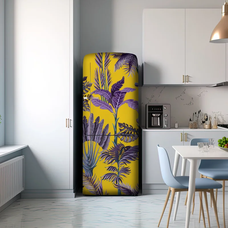 Kühlschrankaufkleber tropische lila blätter auf gelbem hintergrund