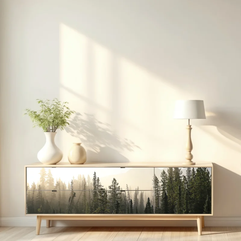 Repositionierbarer Aufkleber nebliger kiefernwald bei sonnenaufgang