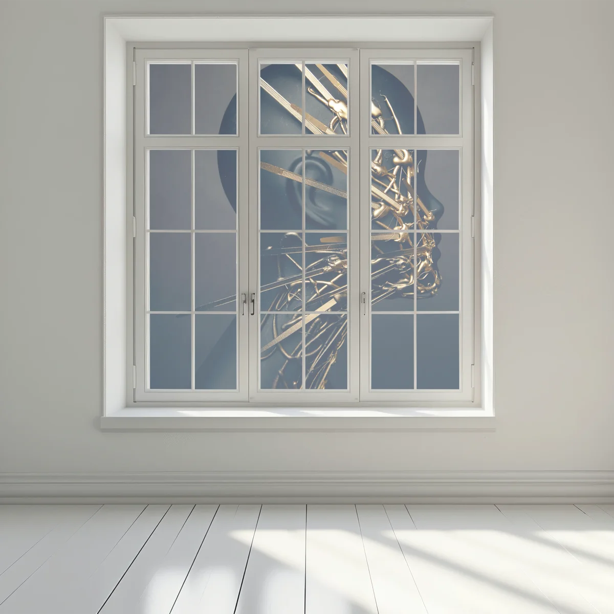 Fensteraufkleber goldene drahtskulptur auf schwarzer büste Fensteraufkleber goldene drahtskulptur auf schwarzer büste