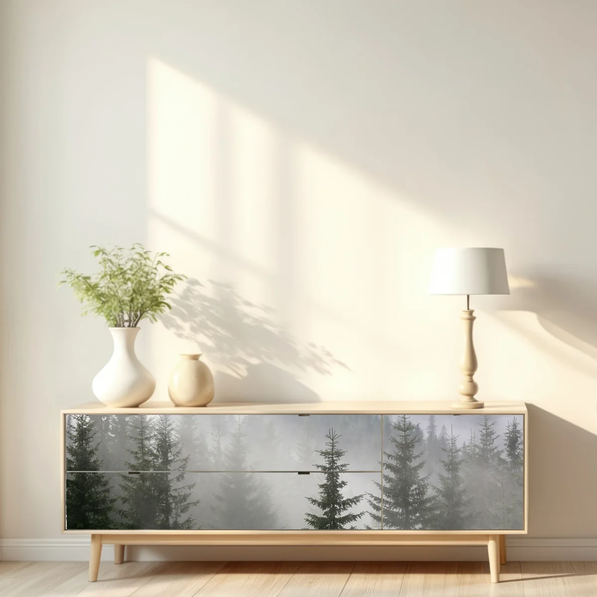 Repositionierbarer Aufkleber nebliger kiefernwald im morgengrauen Repositionierbarer Aufkleber nebliger kiefernwald im morgengrauen