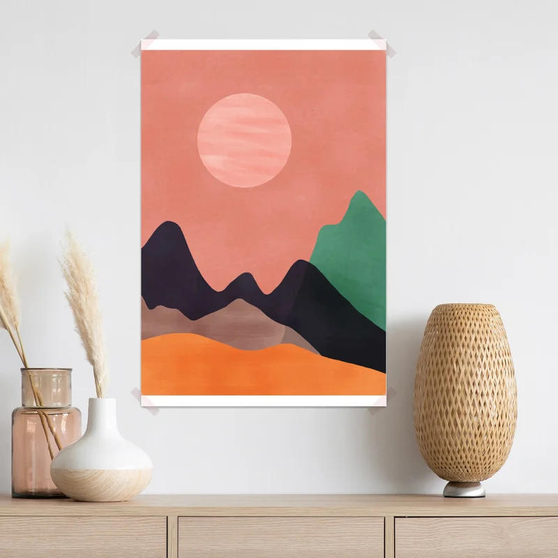 Poster pastell minimalistische berglandschaft mit sonne • Poster bei Wallnifity® Poster pastell minimalistische berglandschaft mit sonne • Poster bei Wallnifity®