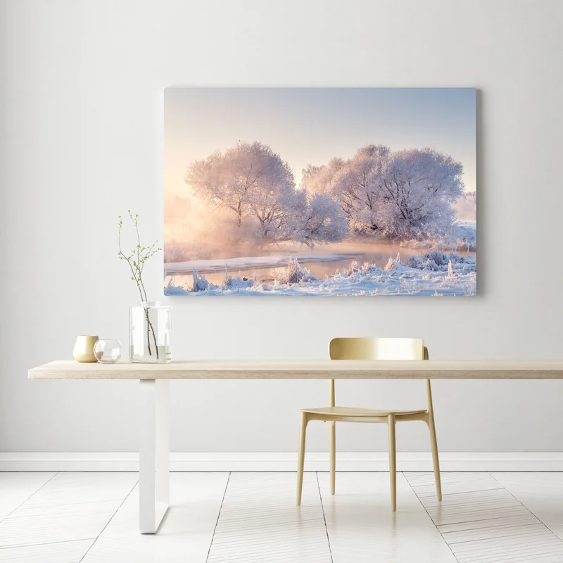 Leinwandbild raureifbedeckte bäume bei sonnenaufgang Leinwandbild raureifbedeckte bäume bei sonnenaufgang