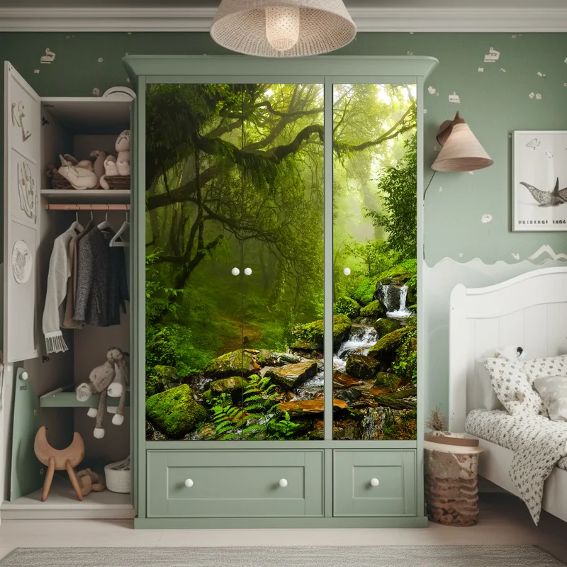 Schrankaufkleber üppiger nebliger waldwasserfall