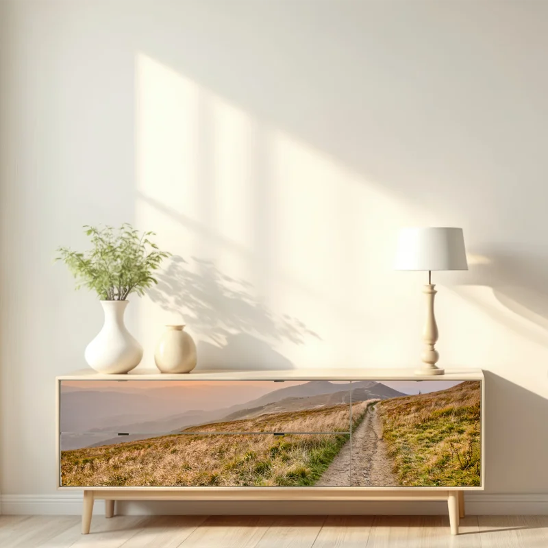 Repositionierbarer Aufkleber wanderpfad bei sonnenuntergang in Bieszczady