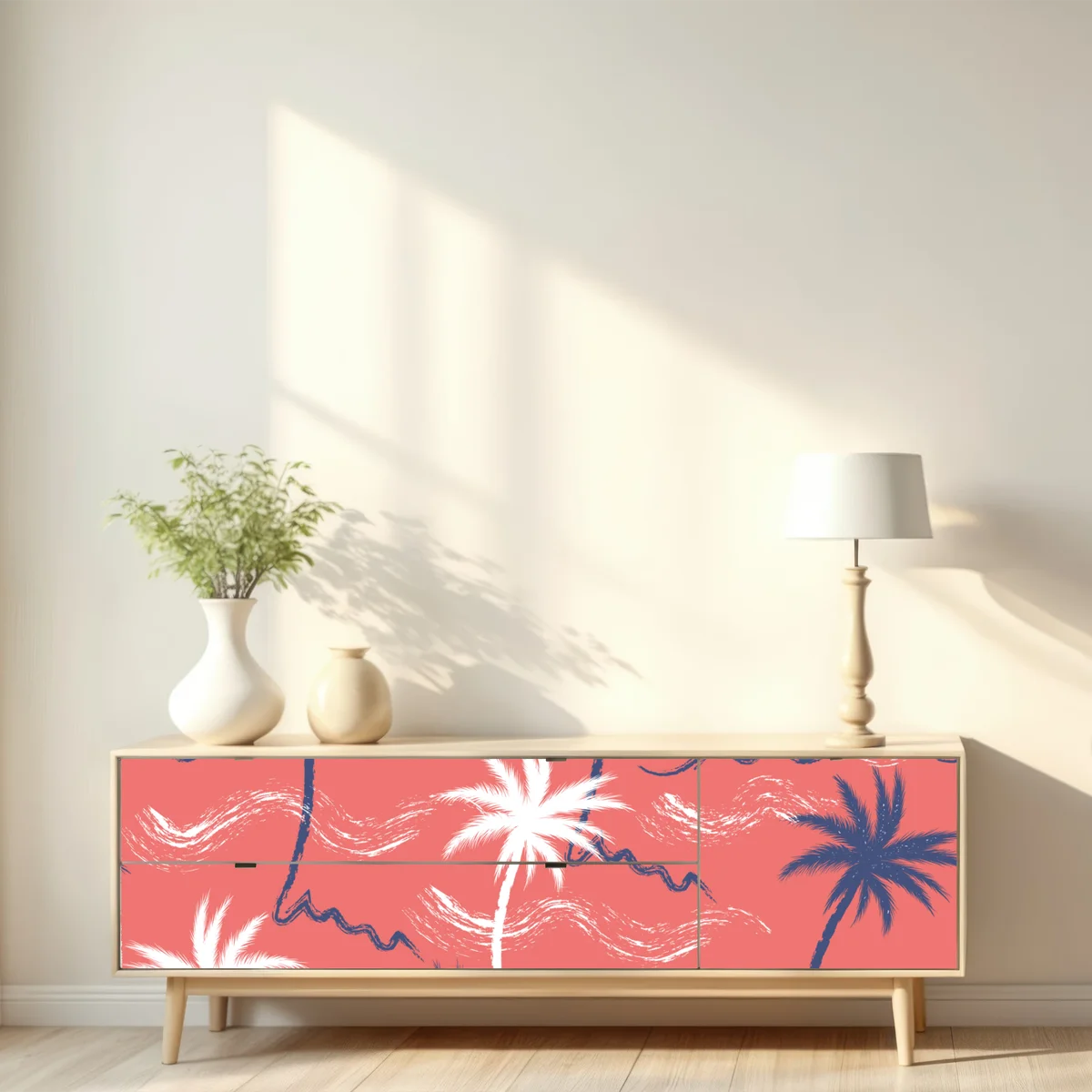 Repositionierbarer Aufkleber tropisches palmenmuster in koralle und dunkelblau Repositionierbarer Aufkleber tropisches palmenmuster in koralle und dunkelblau