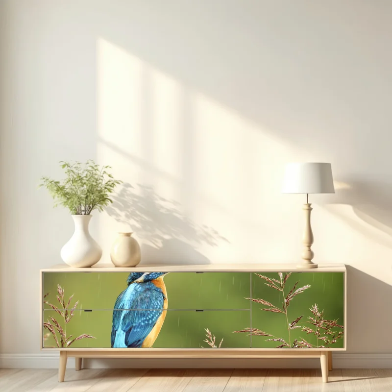 Repositionierbarer Aufkleber lebhafter eisvogel im regen