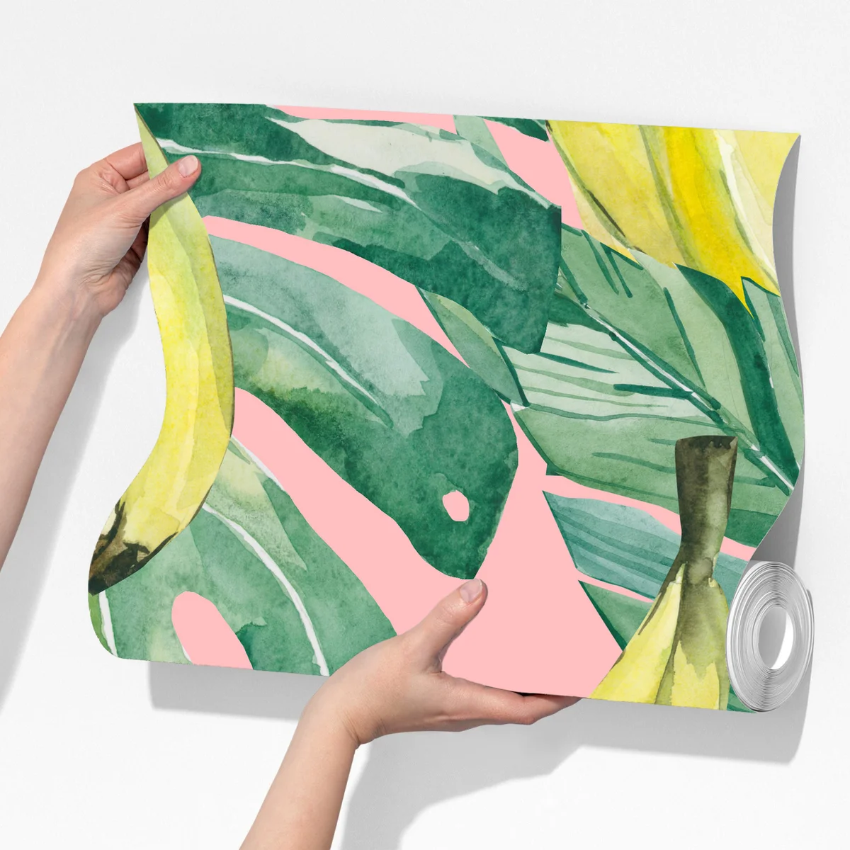 Fototapete aquarell-bananen und blättermuster auf rosa hintergrund Fototapete aquarell-bananen und blättermuster auf rosa hintergrund