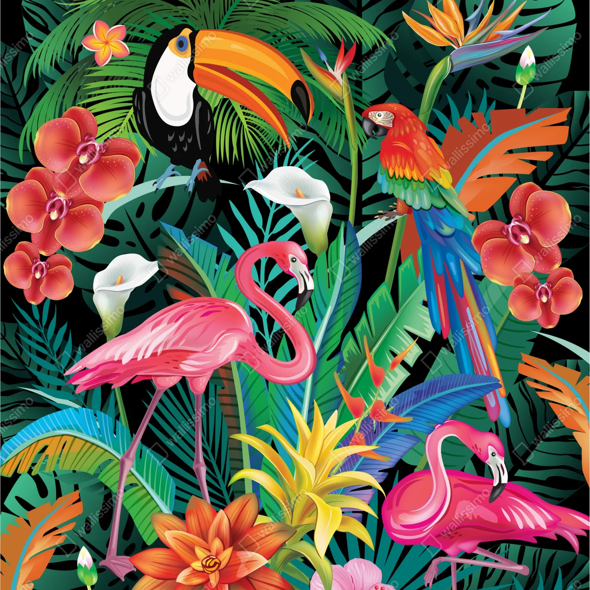 Repositionierbarer Aufkleber leuchtende tropische vögel und blumen Repositionierbarer Aufkleber leuchtende tropische vögel und blumen