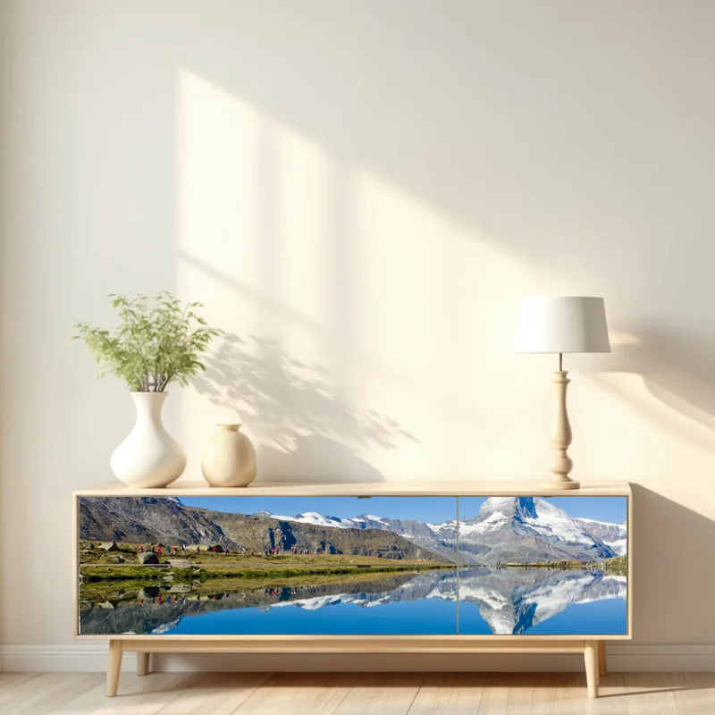 Repositionierbarer Aufkleber alpenberg spiegelung über stillem see Repositionierbarer Aufkleber alpenberg spiegelung über stillem see