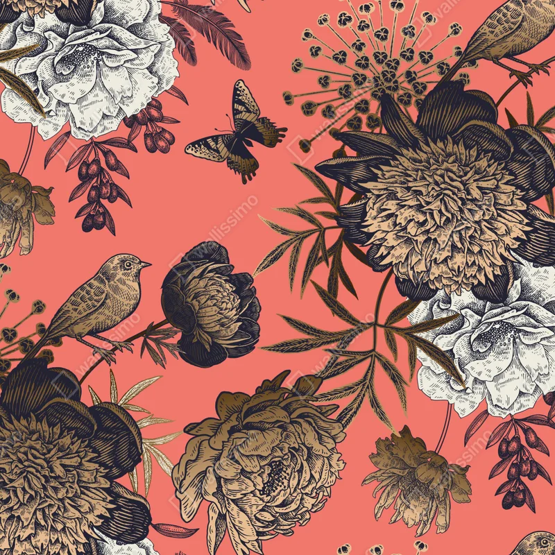 Repositionierbarer Aufkleber vintage blumenmuster mit vögeln auf korallenhintergrund • Repositionierbare Aufkleber bei Wallnifity® Repositionierbarer Aufkleber vintage blumenmuster mit vögeln auf korallenhintergrund • Repositionierbare Aufkleber bei Wallnifity®