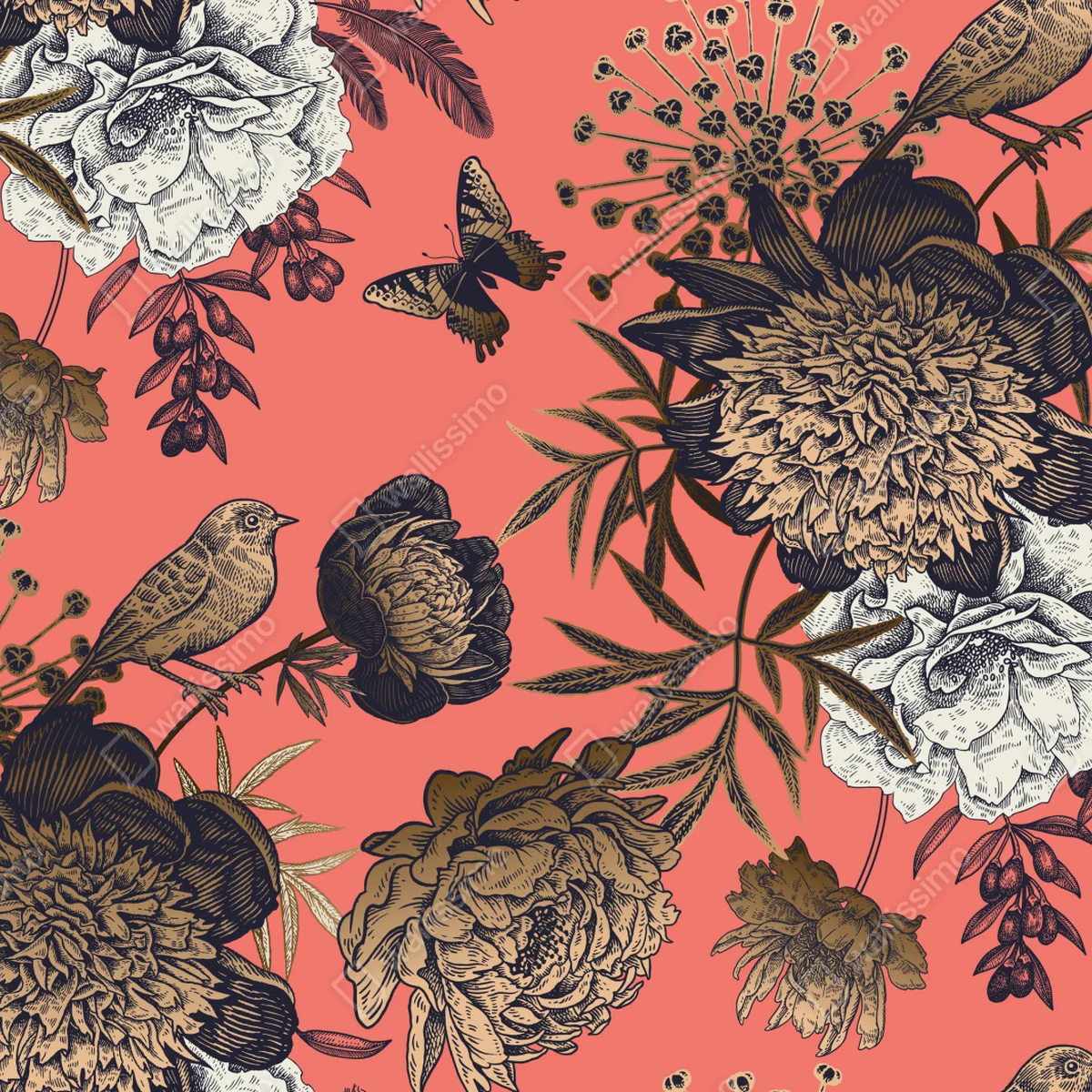 Repositionierbarer Aufkleber vintage blumenmuster mit vögeln auf korallenhintergrund • Repositionierbare Aufkleber bei Wallnifity® Repositionierbarer Aufkleber vintage blumenmuster mit vögeln auf korallenhintergrund • Repositionierbare Aufkleber bei Wallnifity®