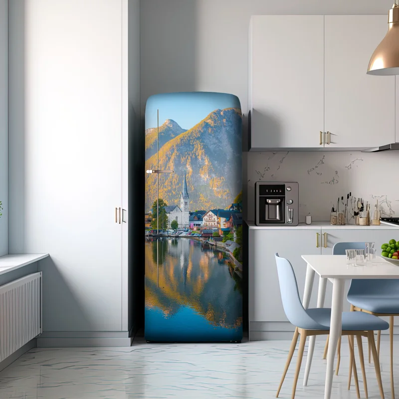 Kühlschrankaufkleber morgendlicher lichtglanz über Hallstatt am see Kühlschrankaufkleber morgendlicher lichtglanz über Hallstatt am see