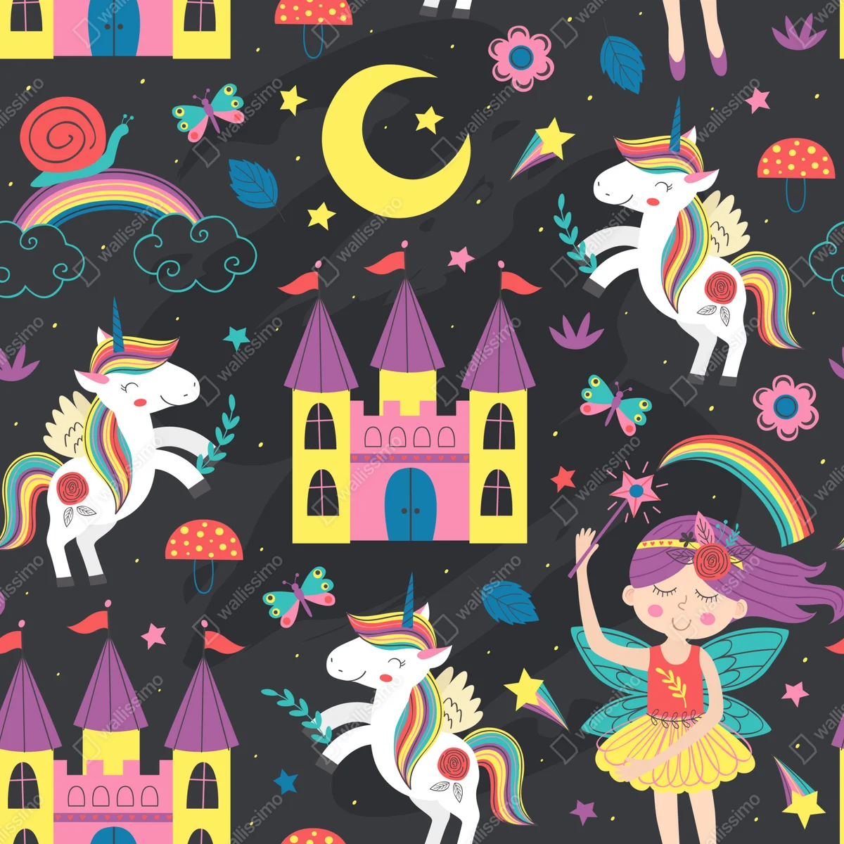Fototapeta magiczny wzór z jednorożcami i wróżką Fototapeta magiczny wzór z jednorożcami i wróżką
