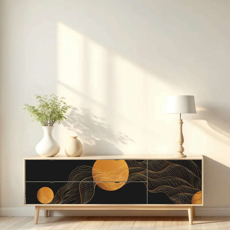 Repositionierbarer Aufkleber goldene wellen auf schwarzem grund — abstrakte komposition