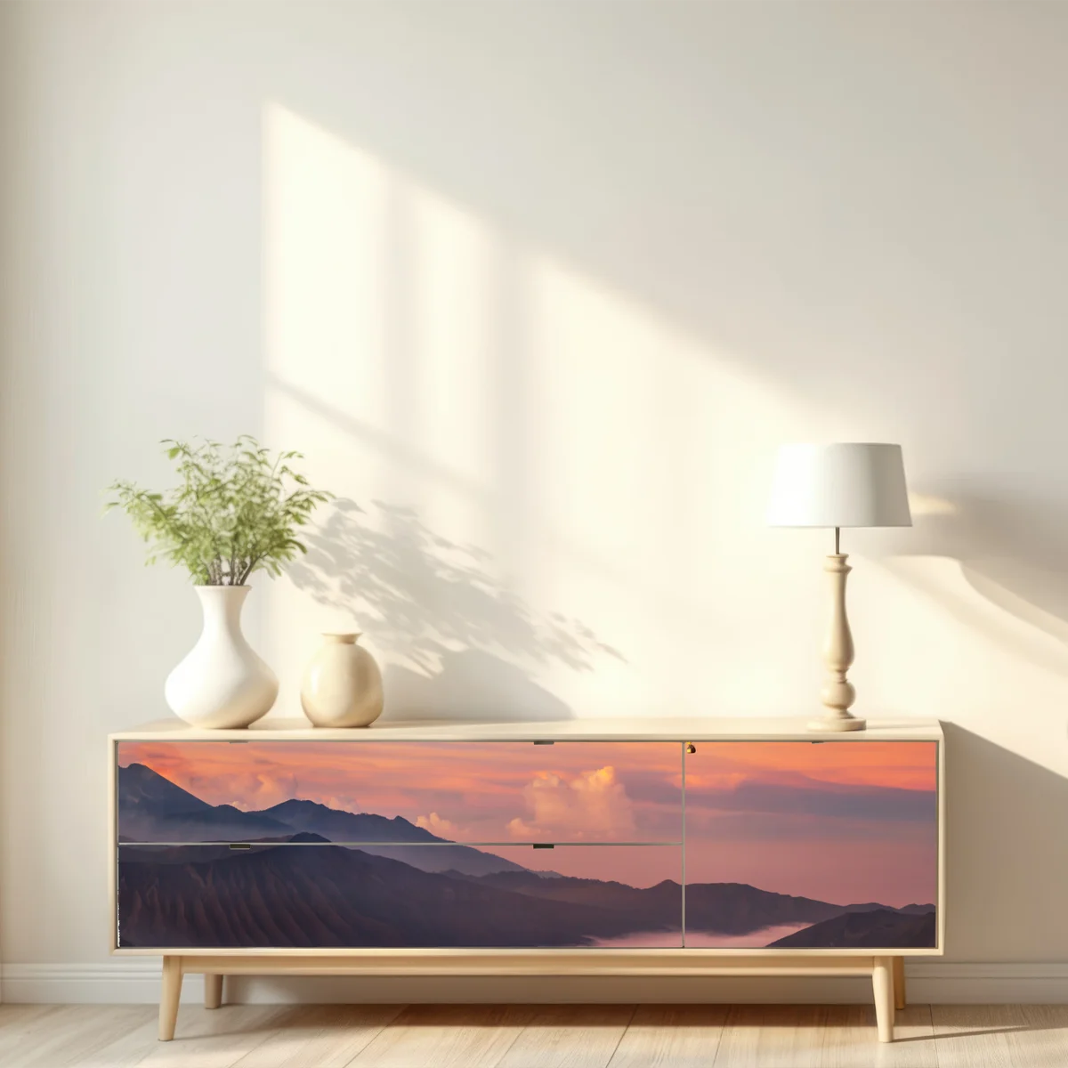 Repositionierbarer Aufkleber heißluftballon über nebligen bergen bei sonnenaufgang Repositionierbarer Aufkleber heißluftballon über nebligen bergen bei sonnenaufgang