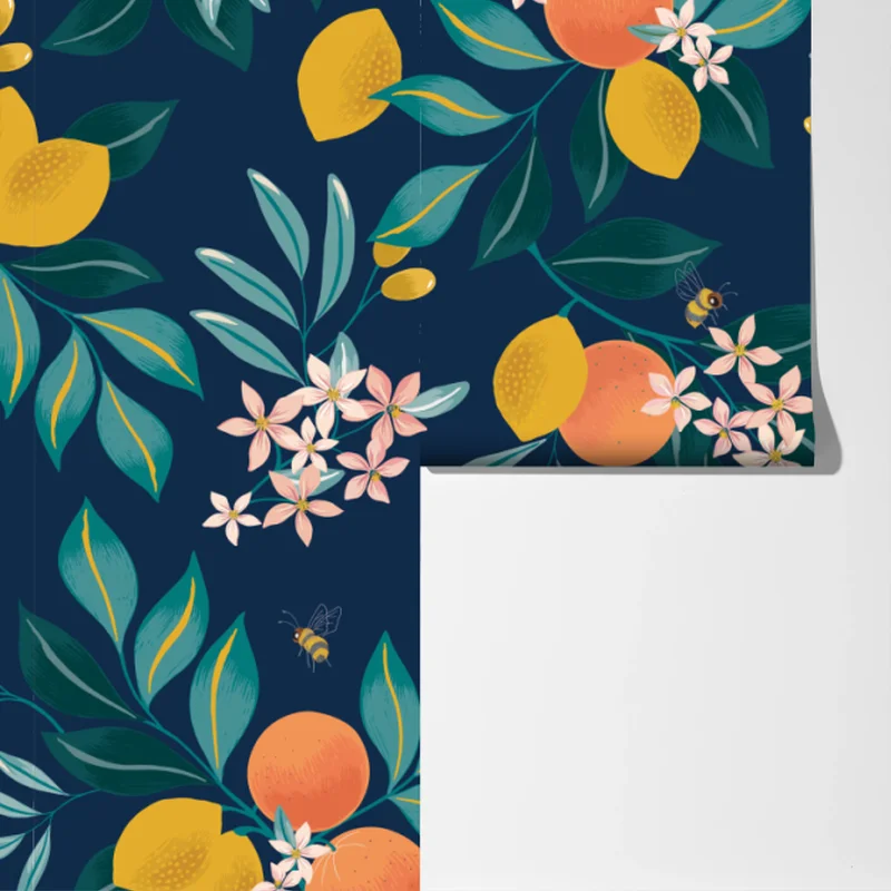 Fototapete botanisches zitronen- und orangenmuster auf marineblauem hintergrund Fototapete botanisches zitronen- und orangenmuster auf marineblauem hintergrund