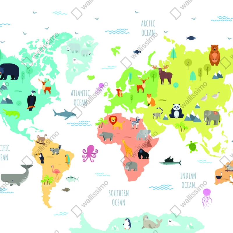 Fototapete illustrierte weltkarte mit tieren für kinder Fototapete illustrierte weltkarte mit tieren für kinder