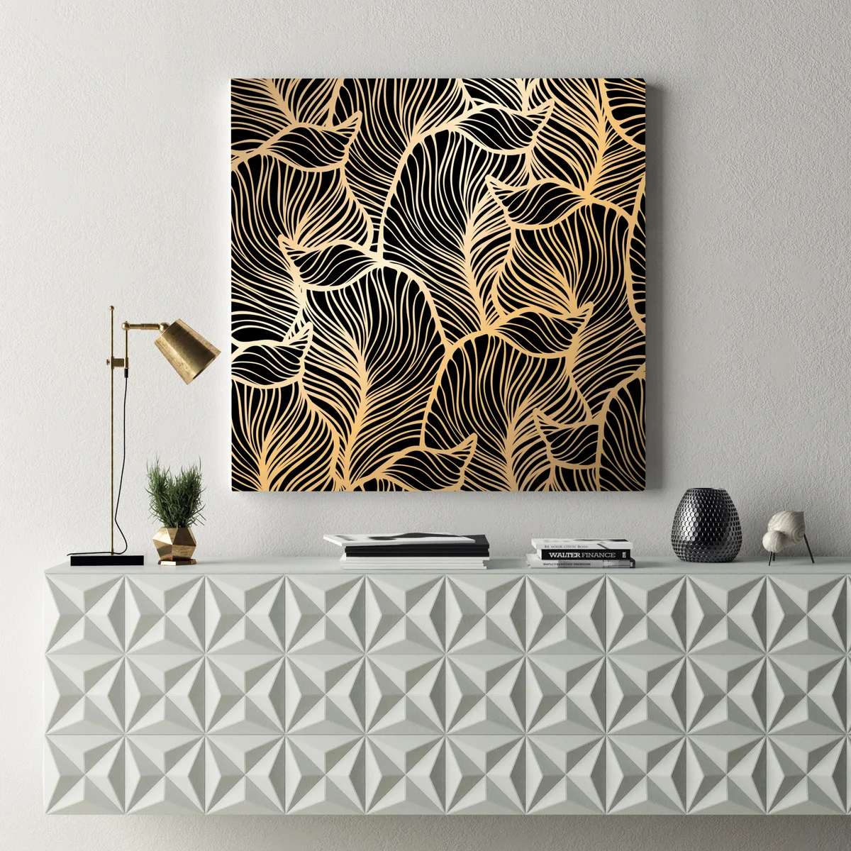 Leinwandbild goldenes blattmuster auf schwarzem hintergrund Leinwandbild goldenes blattmuster auf schwarzem hintergrund